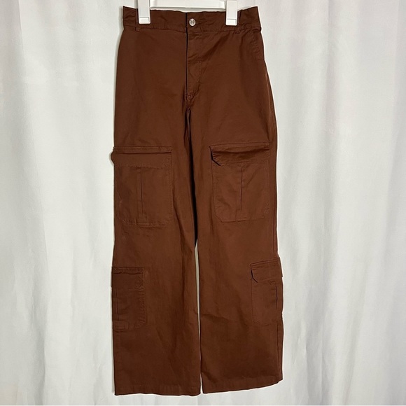 F21 Twill Straight-Leg Cargo Pants Chocolate Brown Size Small - Picture 9 of 10